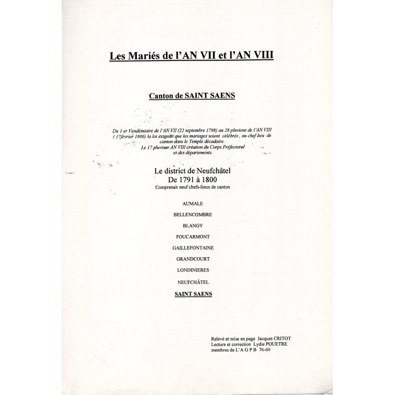 Les Mariés de l'AN VII et l'AN VIII - Canton de Saint-Saens