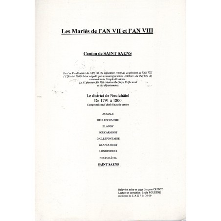 Les Mariés de l'AN VII et l'AN VIII - Canton de Saint-Saens